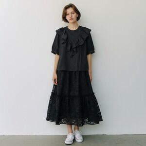 Finley Poplin Top Blouse Ruffle Top Women's XS‎ Puff Sleeves Boxy Black Blouse